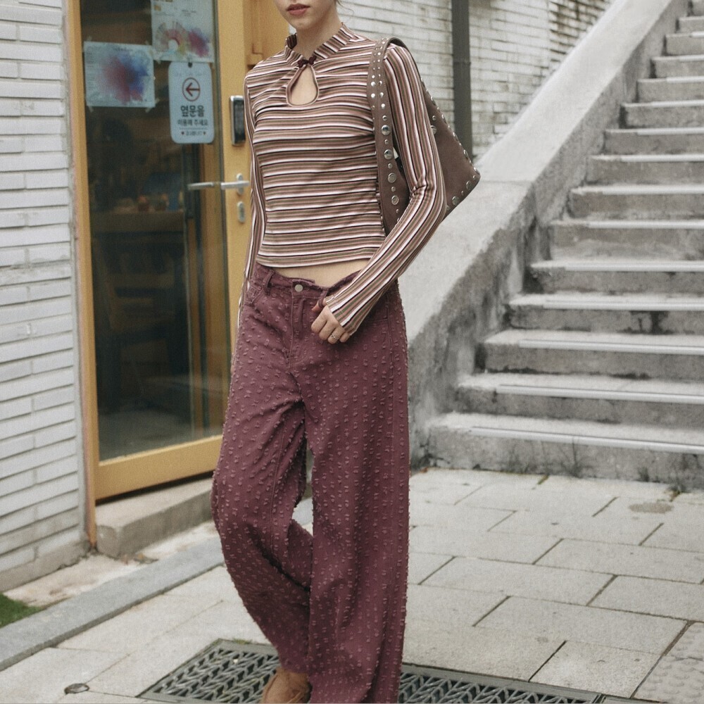 Pink Green Striped Ribbed Knit Cutout Mock Neck Long Sleeve Top